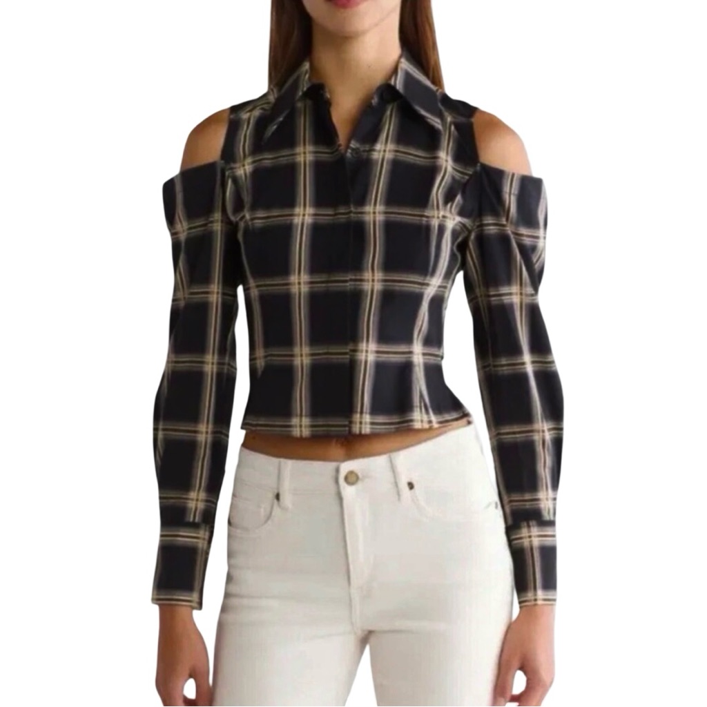 New Equipment Cold-Shoulder Plaid Shirt